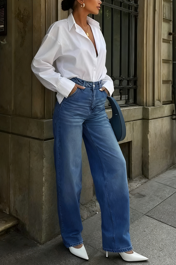 Stylish Pocket Casual Strght Wide Leg Women's Jeans
