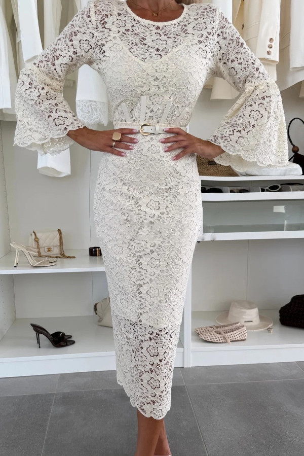 A Delicate Day Floral Lace Long Flared Sleeve Pencil Midi Dress Including Lining