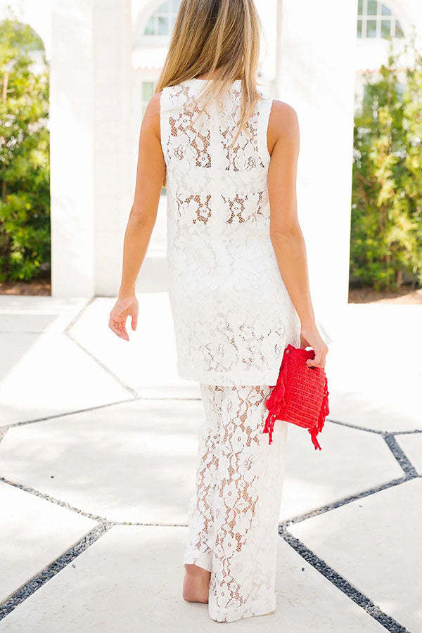 Chic Summer Floral Lace Sleeveless Midi Top and Elastic Wst Loose Pants Set