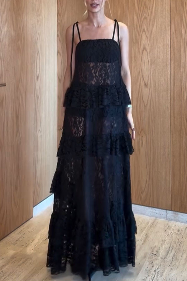 Abigl Floral LaceTiered Ruffles Tie-up Shoulder A-line Maxi Dress