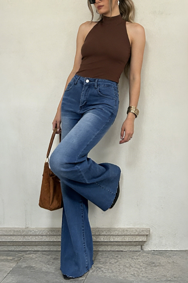 Stylish High-wsted Pocket Casual Frayed Strght Leg Jeans