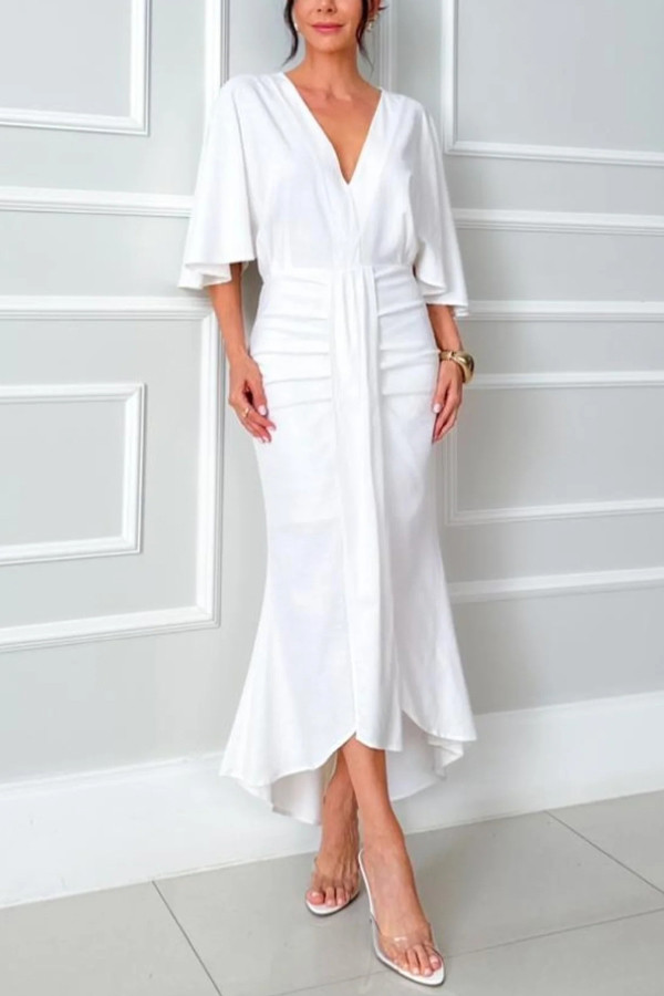 Solid Color V-neck Ribbon Wst-cinching Casual Maxi Dress