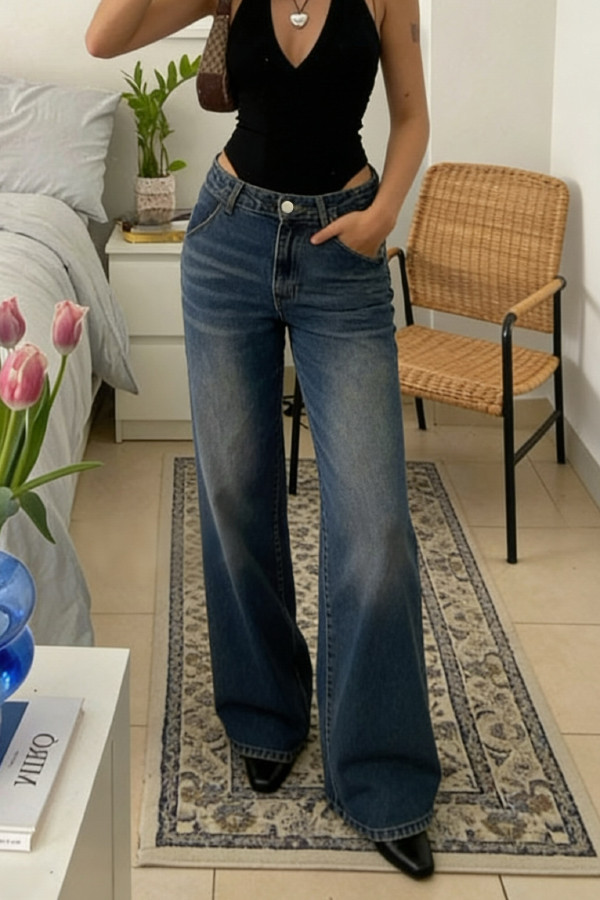 Stylish Pocket Casual Strght Wide Leg Women's Jeans