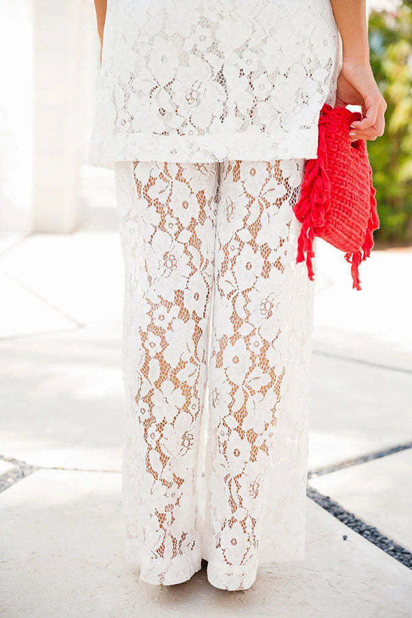 Chic Summer Floral Lace Sleeveless Midi Top and Elastic Wst Loose Pants Set