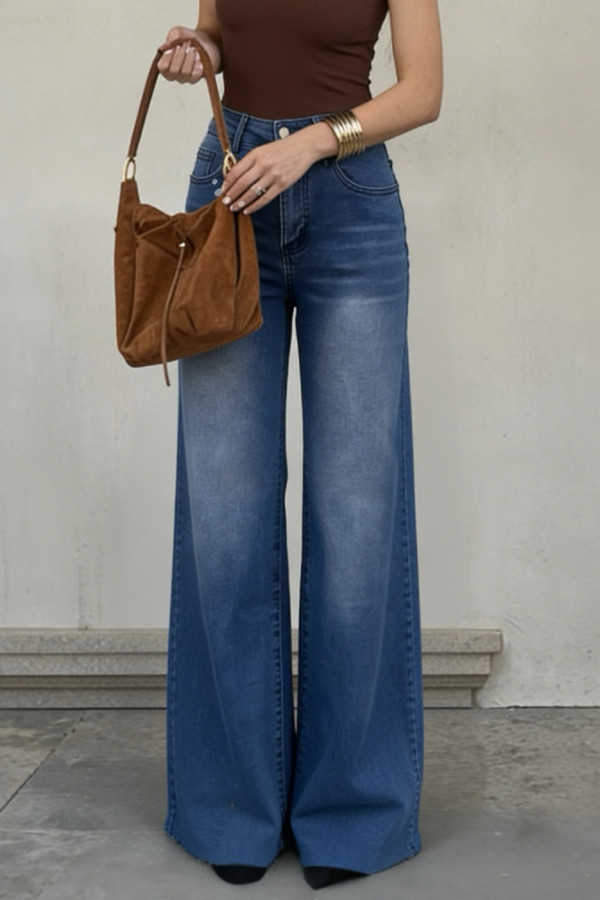 Stylish High-wsted Pocket Casual Frayed Strght Leg Jeans