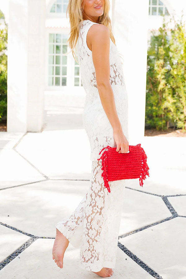 Chic Summer Floral Lace Sleeveless Midi Top and Elastic Wst Loose Pants Set