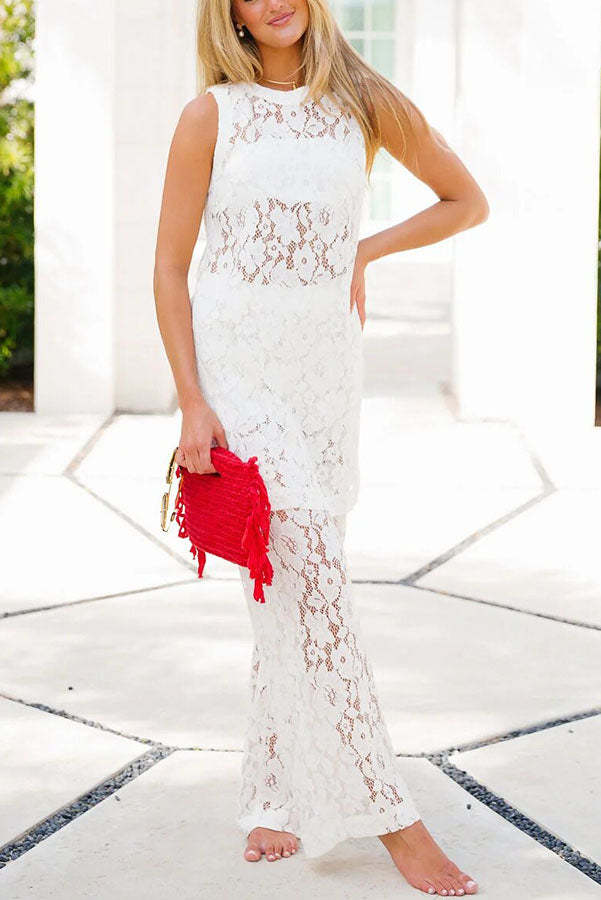 Chic Summer Floral Lace Sleeveless Midi Top and Elastic Wst Loose Pants Set