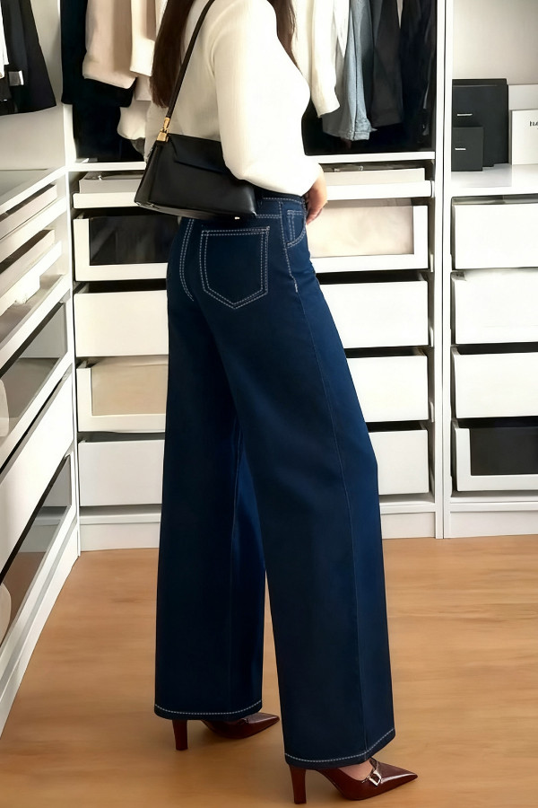 Stylish High-wsted Pocket Casual Strght-leg Wide-leg Jeans