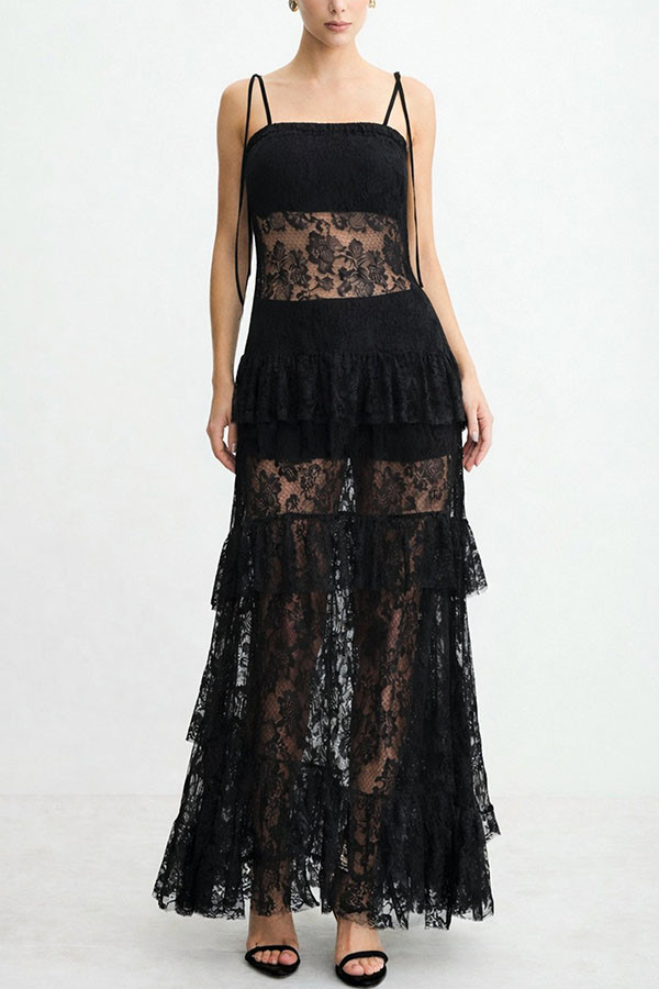 Abigl Floral LaceTiered Ruffles Tie-up Shoulder A-line Maxi Dress