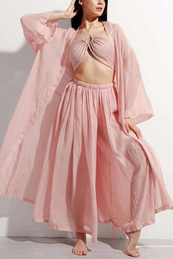 Flowy Linen Blend Halter Tank & Elastic Wst Tie-up Wide Leg Pants & Kimono Cover-Ups 3pieces Set