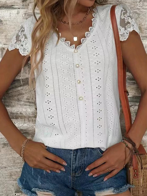 Split-Joint Mesh Hollow Buttoned Short Sleeves Loose V-Neck T-Shirts Tops