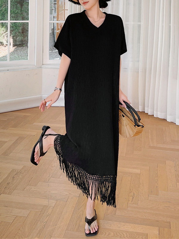 Tasseled Split-Joint Solid Color Short Sleeves Loose V-Neck Midi Dresses