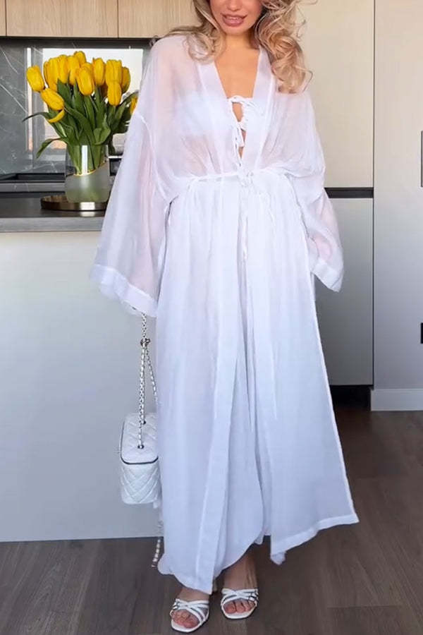 Flowy Linen Blend Halter Tank & Elastic Wst Tie-up Wide Leg Pants & Kimono Cover-Ups 3pieces Set
