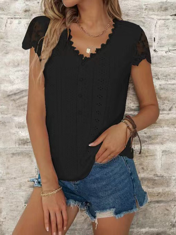 Split-Joint Mesh Hollow Buttoned Short Sleeves Loose V-Neck T-Shirts Tops