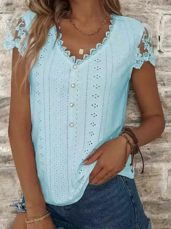 Split-Joint Mesh Hollow Buttoned Short Sleeves Loose V-Neck T-Shirts Tops