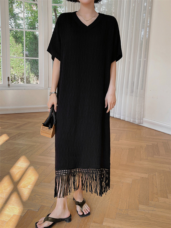 Tasseled Split-Joint Solid Color Short Sleeves Loose V-Neck Midi Dresses