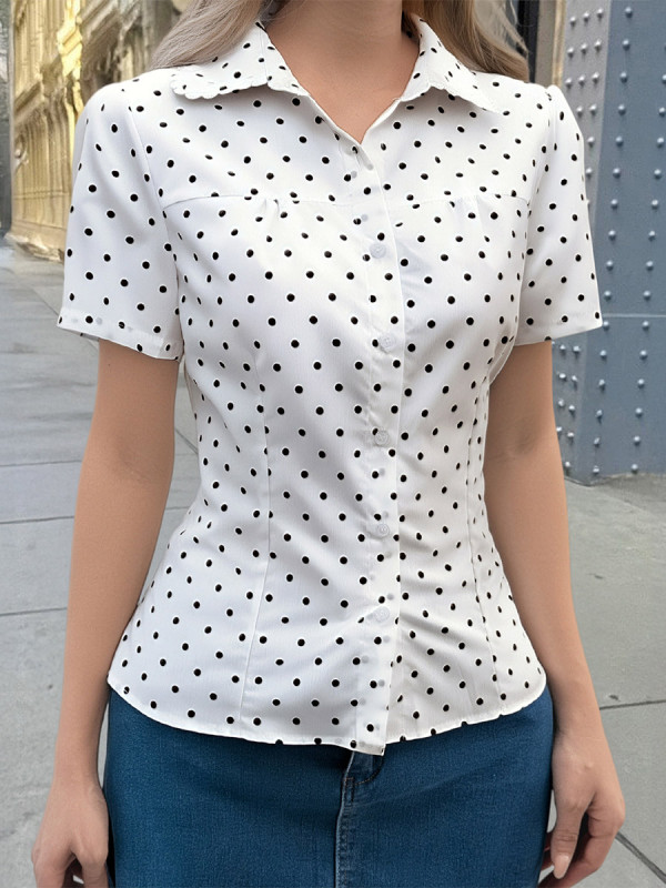 Split-Joint Solid Color Polka-Dot Buttoned Short Sleeves Lapel Blouses&Shirts Tops