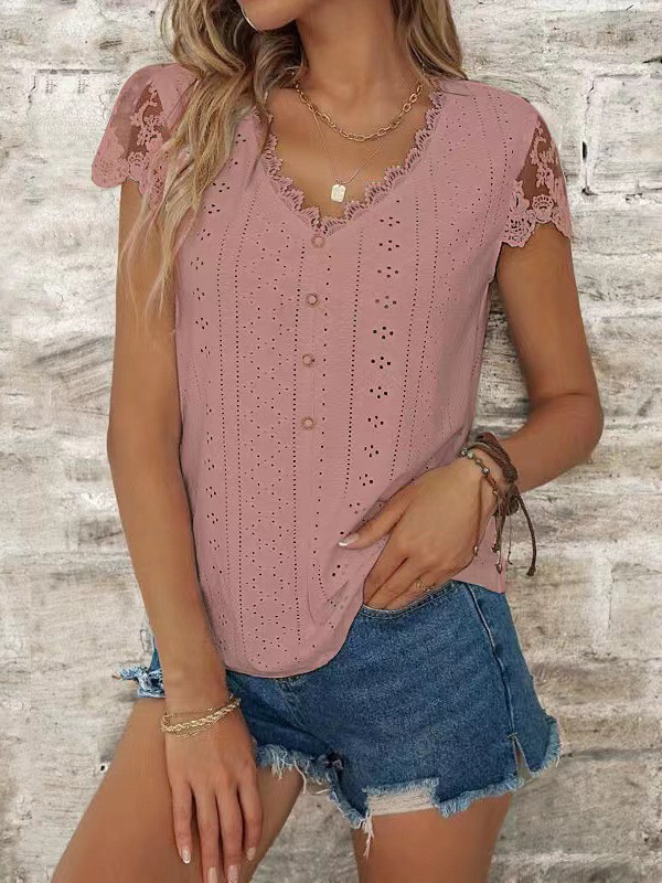 Split-Joint Mesh Hollow Buttoned Short Sleeves Loose V-Neck T-Shirts Tops