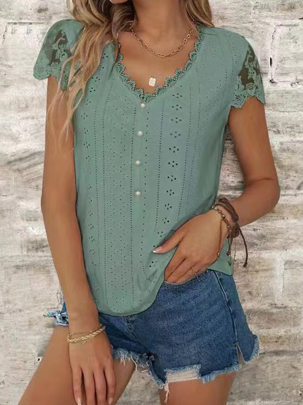 Split-Joint Mesh Hollow Buttoned Short Sleeves Loose V-Neck T-Shirts Tops