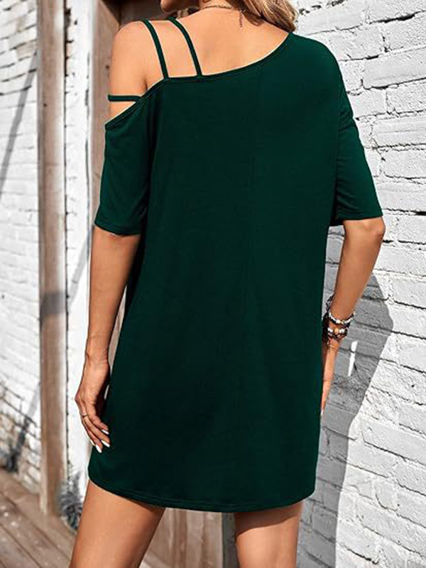 Solid Color Asymmetric Short Sleeves Loose One-shoulder Mini Dresses