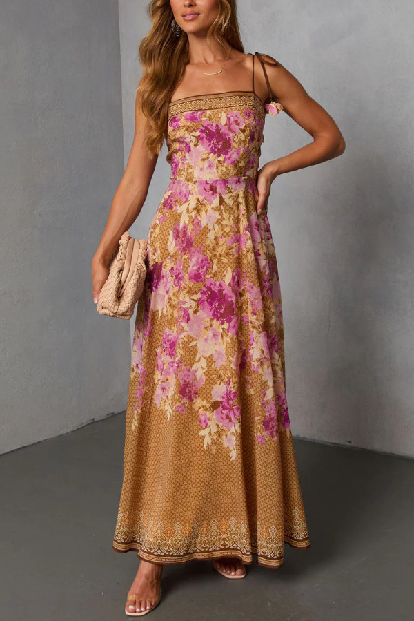 Fashionable Floral Print Square Neck Casual Vacation Maxi Dress