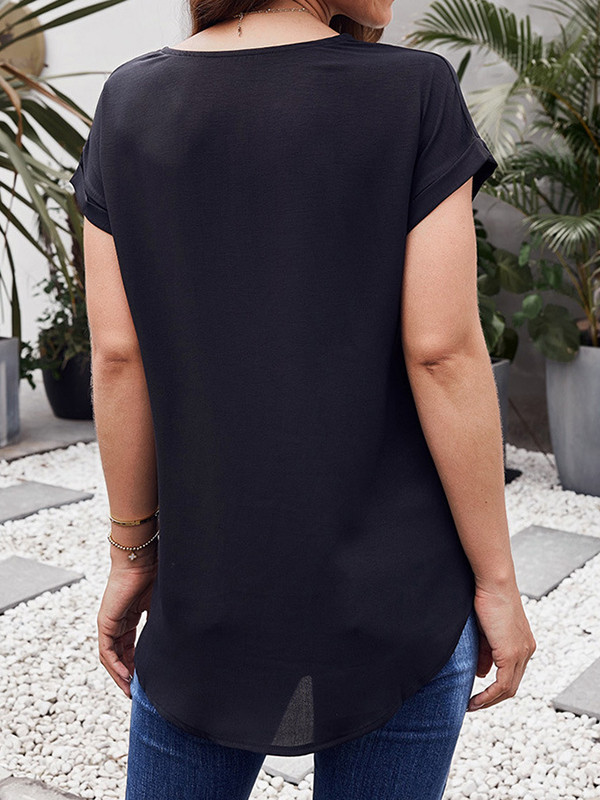 Zipper Short Sleeves Loose Round-Neck Blouses&Shirts Tops