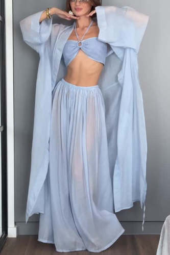 Flowy Linen Blend Halter Tank & Elastic Wst Tie-up Wide Leg Pants & Kimono Cover-Ups 3pieces Set