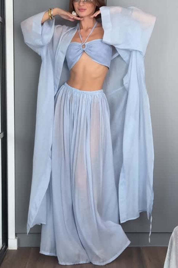 Flowy Linen Blend Halter Tank & Elastic Wst Tie-up Wide Leg Pants & Kimono Cover-Ups 3pieces Set