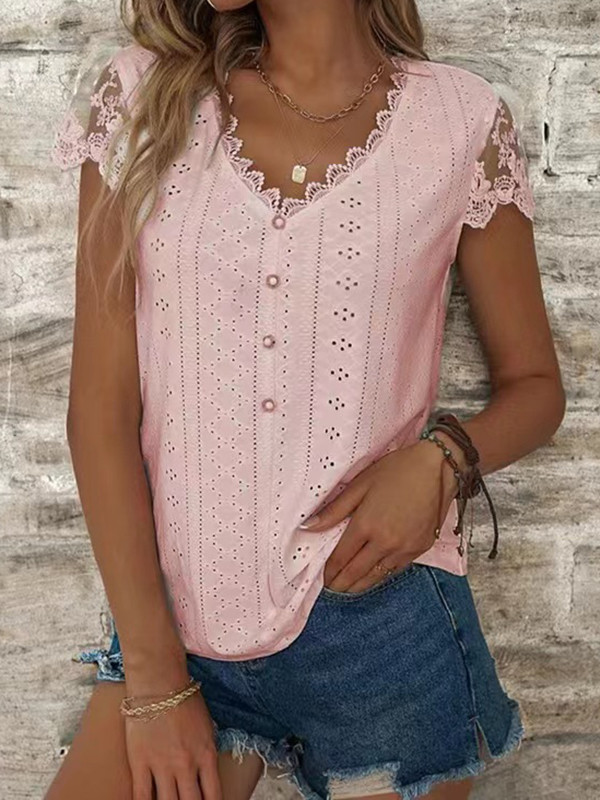 Split-Joint Mesh Hollow Buttoned Short Sleeves Loose V-Neck T-Shirts Tops