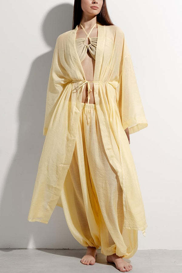 Flowy Linen Blend Halter Tank & Elastic Wst Tie-up Wide Leg Pants & Kimono Cover-Ups 3pieces Set