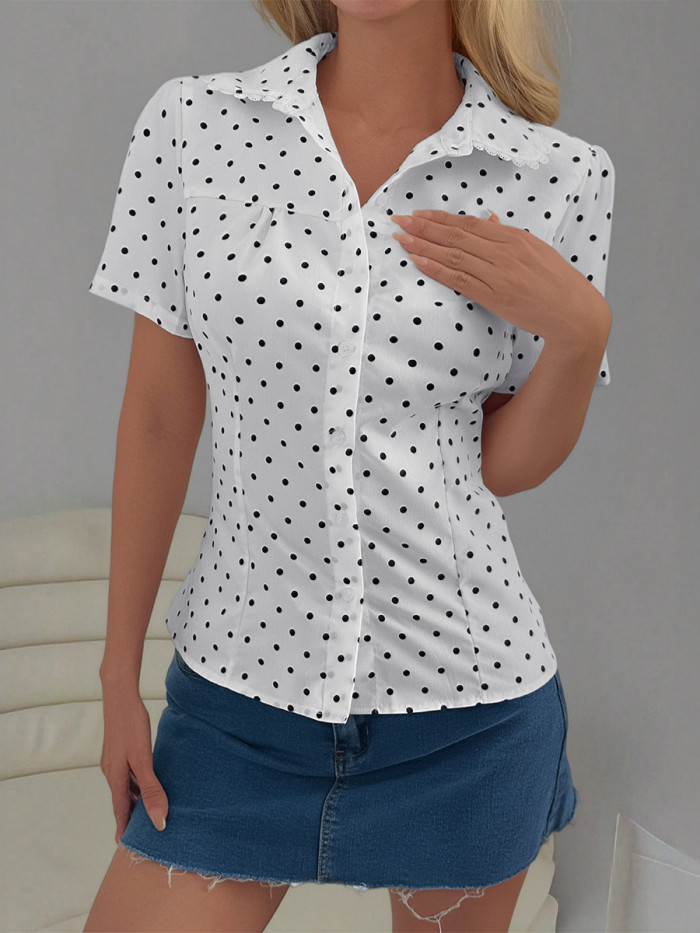 Split-Joint Solid Color Polka-Dot Buttoned Short Sleeves Lapel Blouses&Shirts Tops
