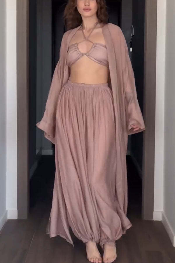 Flowy Linen Blend Halter Tank & Elastic Wst Tie-up Wide Leg Pants & Kimono Cover-Ups 3pieces Set