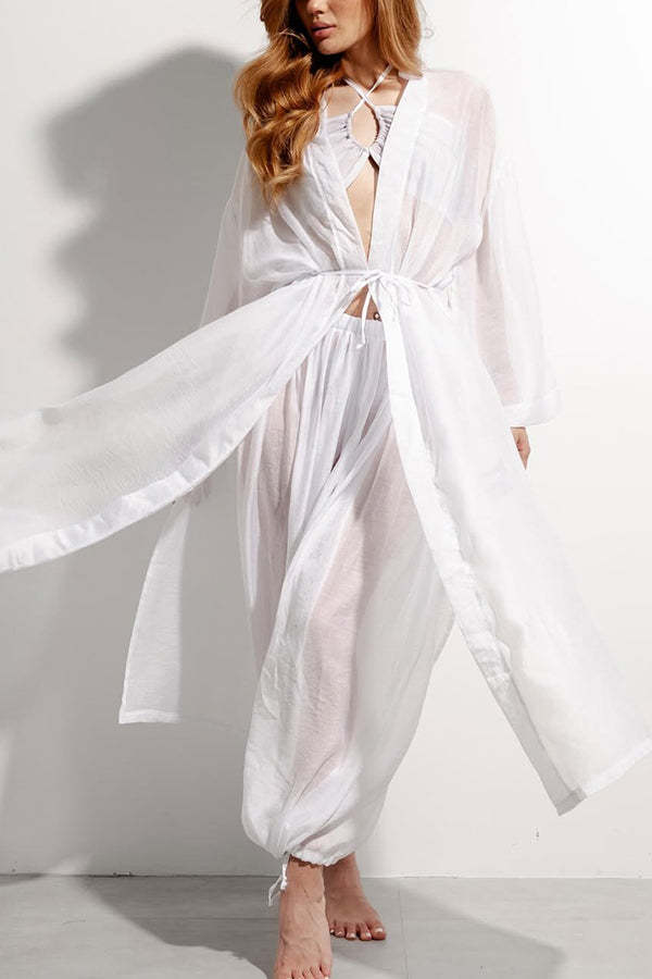 Flowy Linen Blend Halter Tank & Elastic Wst Tie-up Wide Leg Pants & Kimono Cover-Ups 3pieces Set