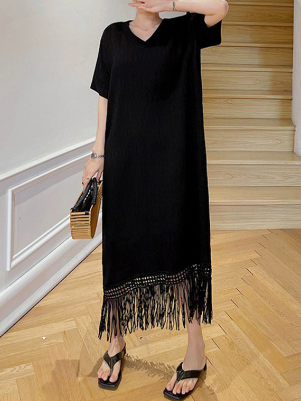 Tasseled Split-Joint Solid Color Short Sleeves Loose V-Neck Midi Dresses