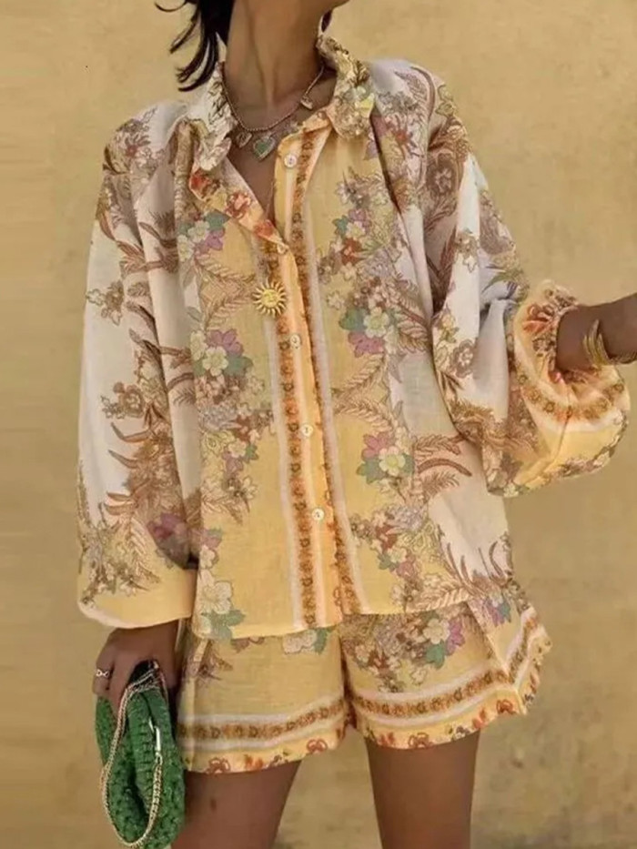 Split-Joint Ruffled Flower Print Elasticity Contrast Color Buttoned Belted Puff Sleeves Loose Stand Collar Two Pieces Set Shorts Bottoms Blouses&shirts Tops