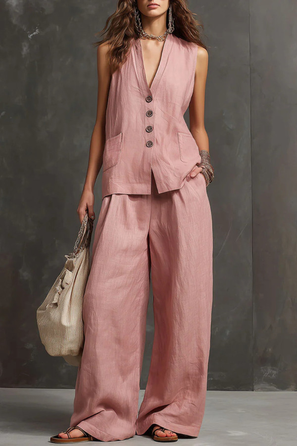 Linen Blend V-neck Sleeveless Button-down Vest and Casual Elastic Wst Pocket Wide-leg Pants Set