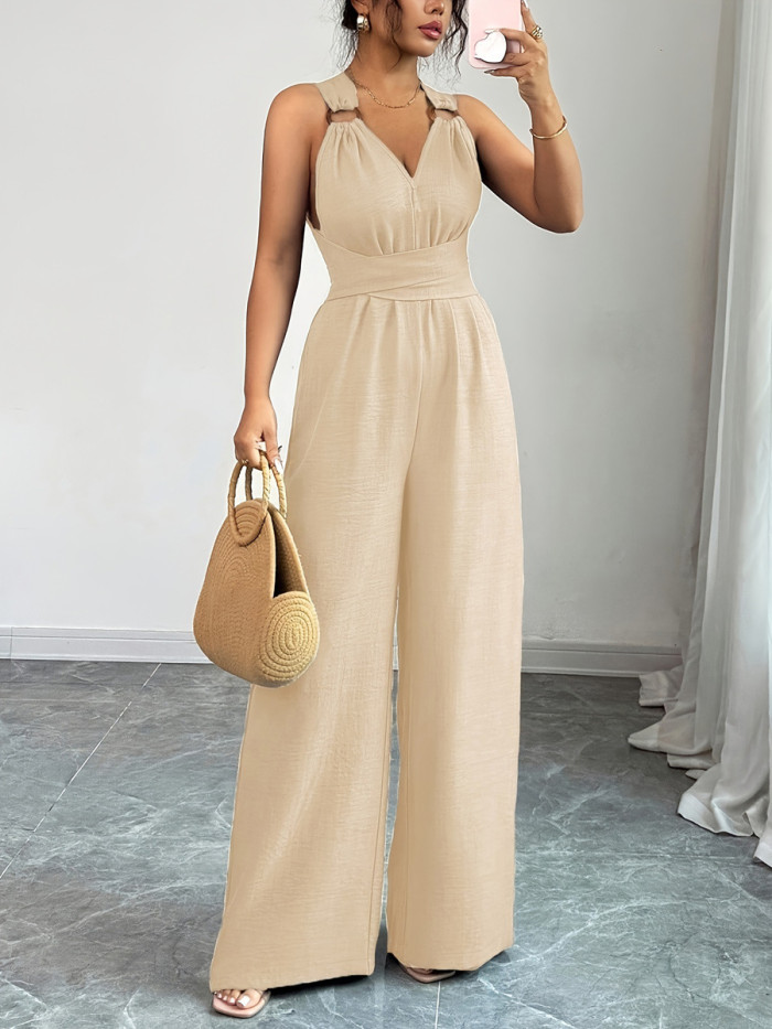 Tied Solid Color Backless Wide Leg Sleeveless Spaghetti-Neck Jumpsuits