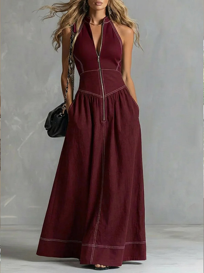 Zipper Solid Color Pockets Pleated Sleeveless High Waisted Stand Collar Maxi Dresses