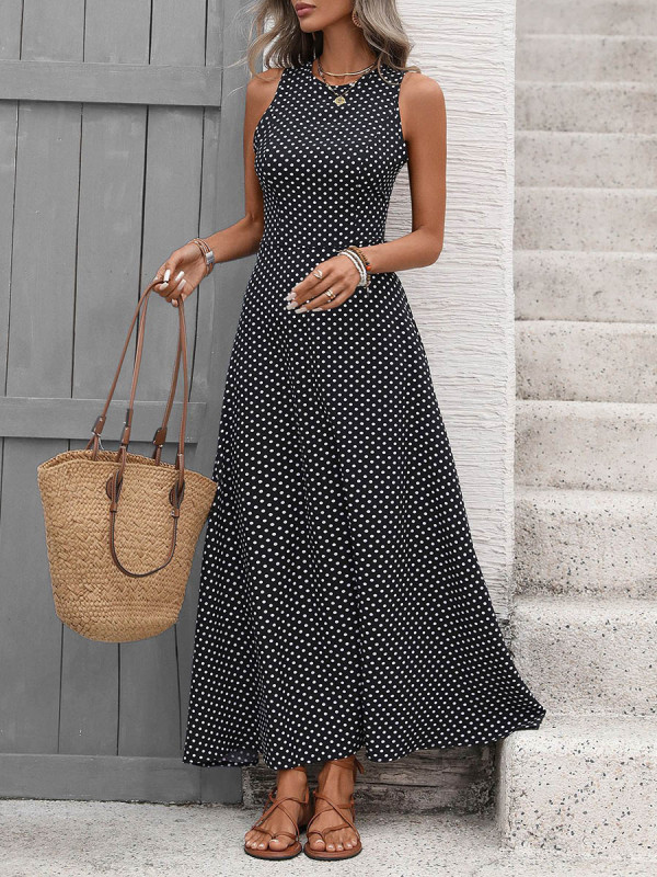 Polka-Dot Contrast Color Sleeveless High Waisted Round-Neck Maxi Dresses