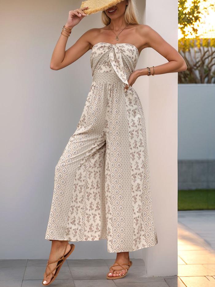 Twist Tied Split-Joint Printed Pleated Contrast Color Backless Wide Leg Sleeveless Tube Jumpsuits