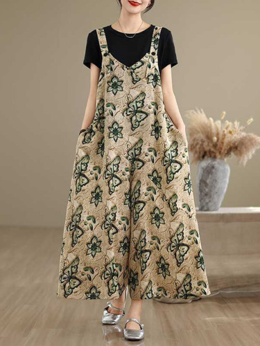 Split-Joint Pockets Contrast Color Buttoned Butterfly Print Wide Leg Loose Adjustable Straps Overalls