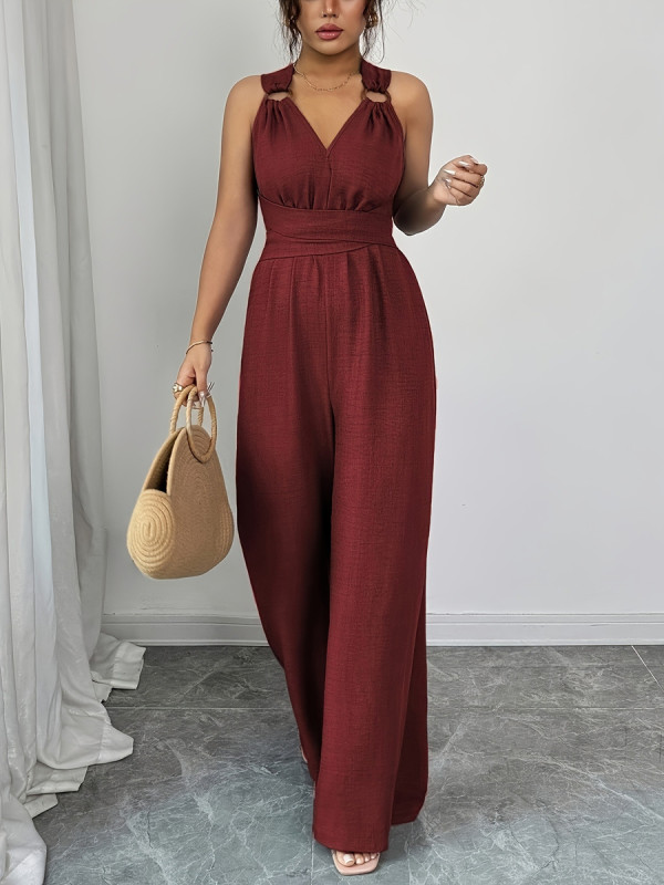 Tied Solid Color Backless Wide Leg Sleeveless Spaghetti-Neck Jumpsuits