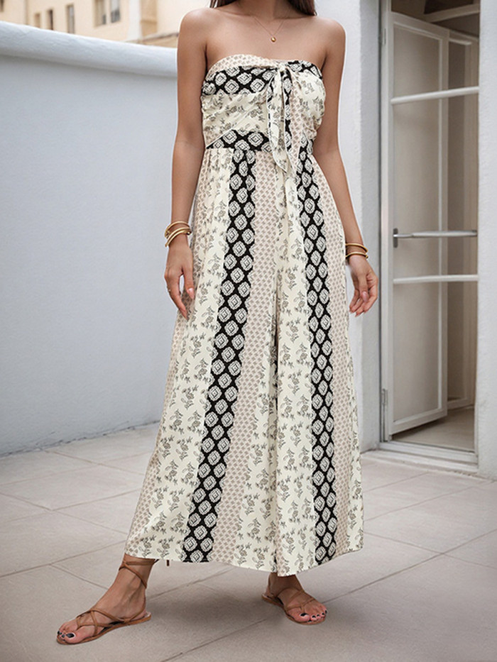 Twist Tied Split-Joint Printed Pleated Contrast Color Backless Wide Leg Sleeveless Tube Jumpsuits