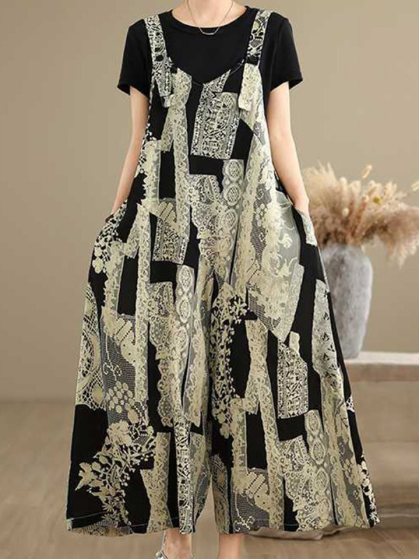Split-Joint Printed Pockets Contrast Color Buttoned Wide Leg Loose Adjustable Straps Overalls