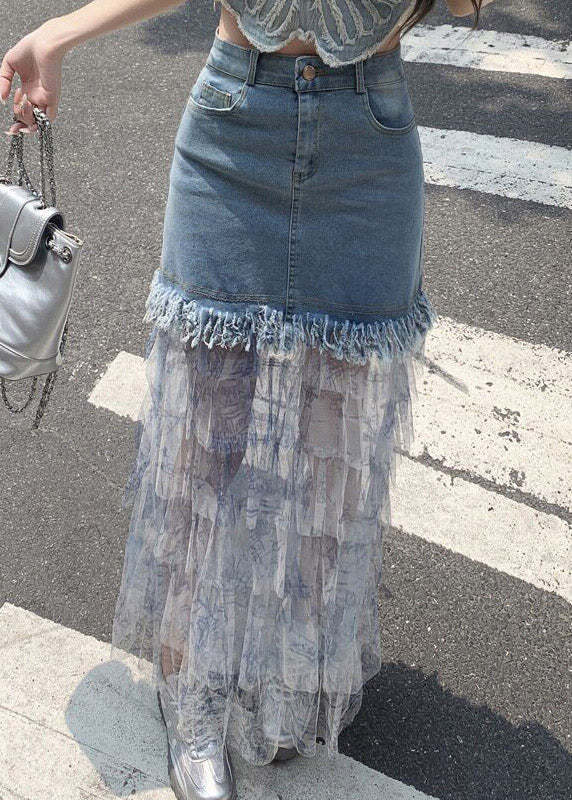 Women Blue Denim Patchwork Tulle Maxi Cake Skirts Summer