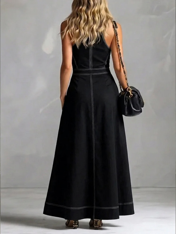 Zipper Solid Color Pockets Pleated Sleeveless High Waisted Stand Collar Maxi Dresses
