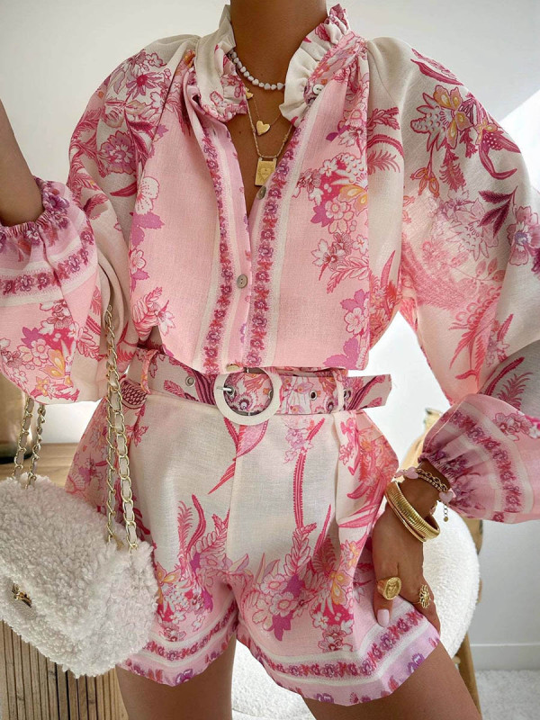 Split-Joint Ruffled Flower Print Elasticity Contrast Color Buttoned Belted Puff Sleeves Loose Stand Collar Two Pieces Set Shorts Bottoms Blouses&shirts Tops