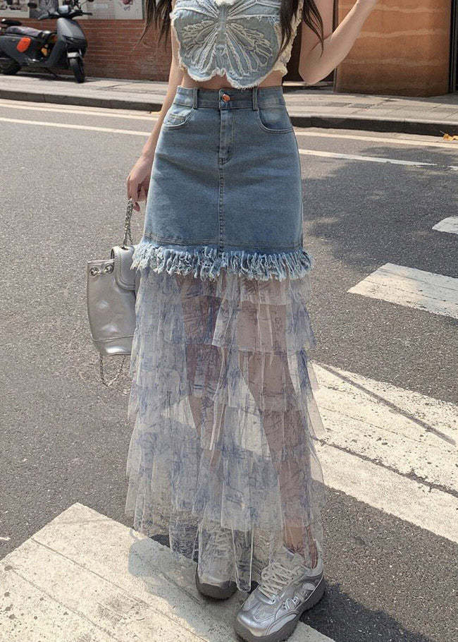Women Blue Denim Patchwork Tulle Maxi Cake Skirts Summer