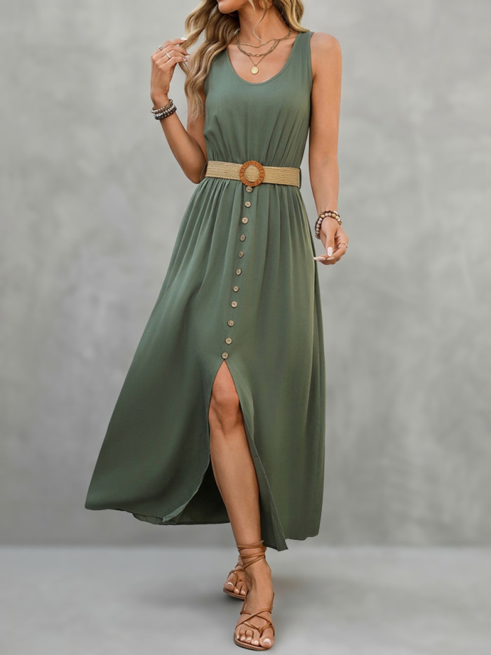Solid Color Pleated Buttoned Belt Buckle Sleeveless High Waisted V-Neck Maxi Dresses