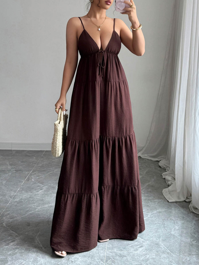 Solid Color Pleated Drawstring Backless Sleeveless A-Line Spaghetti-Neck Maxi Dresses